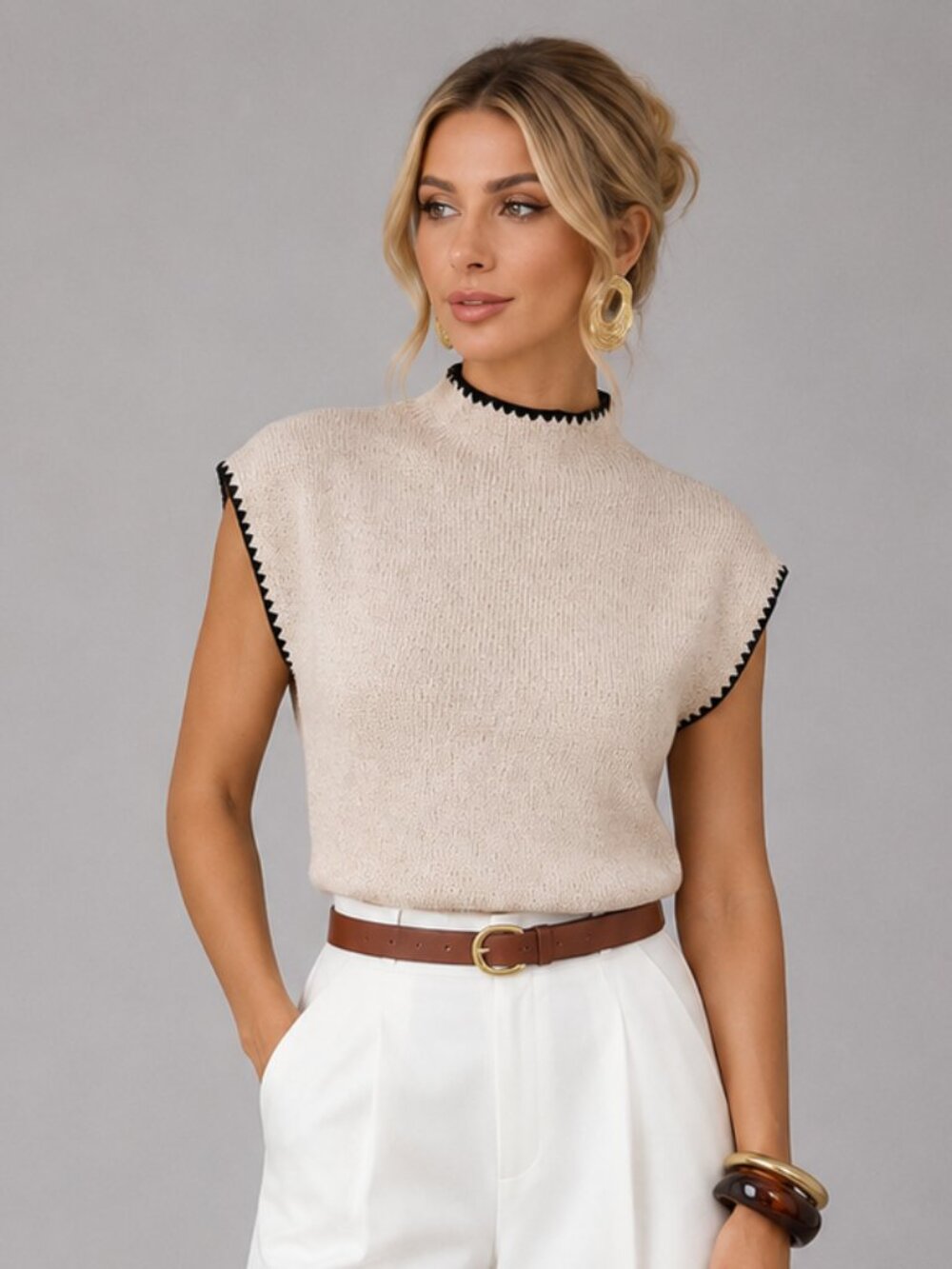 Women's Beige Mock Neck Knit Sweater Vest Cap Sleeve Lightweight Pullover Top